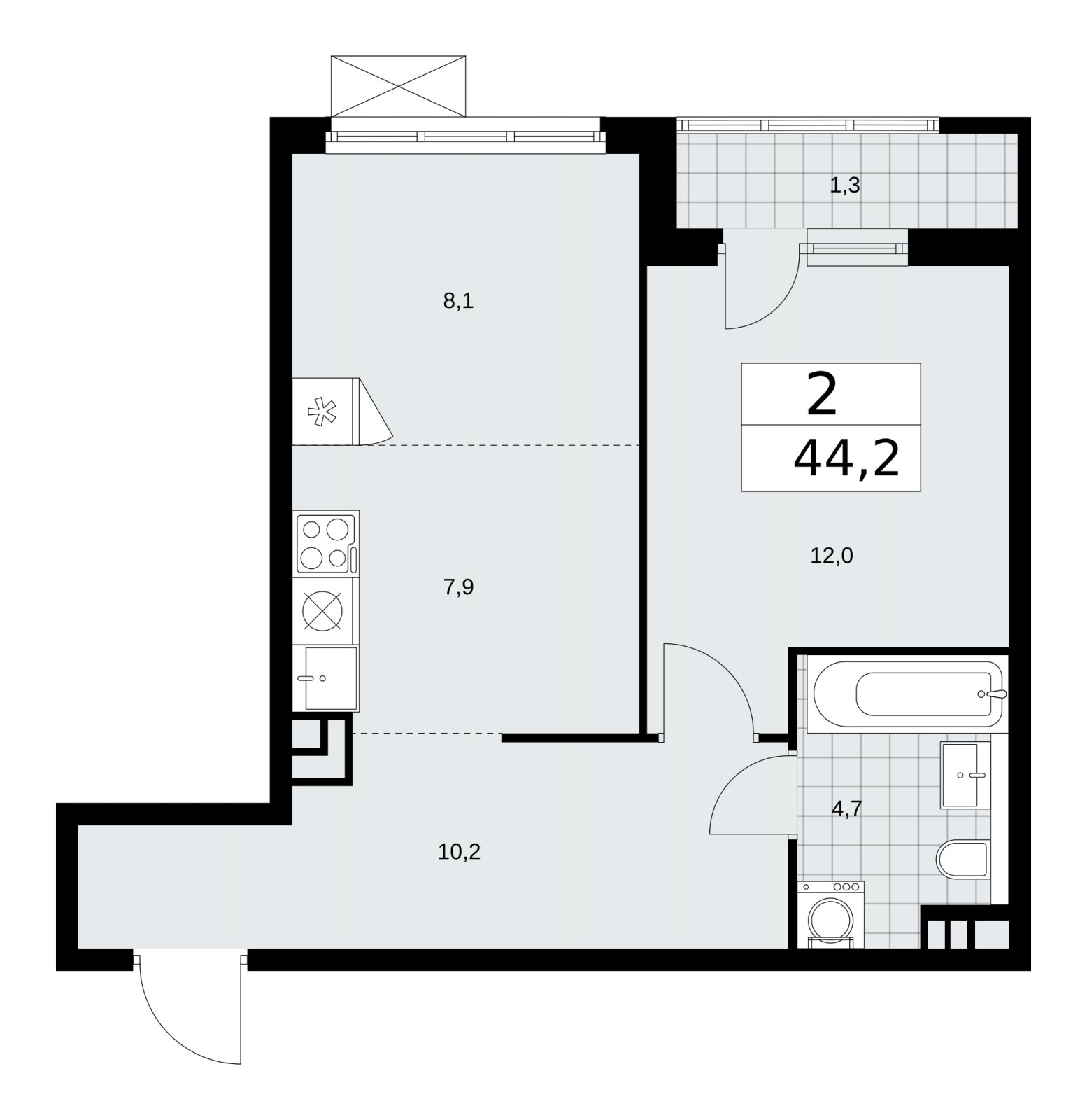 2-комнатная квартира (евро) с частичной отделкой, 44.2 м2, 5 этаж, сдача 2 квартал 2026 г., ЖК Прокшино, корпус 11.2.3 - объявление 2270360 - фото №1