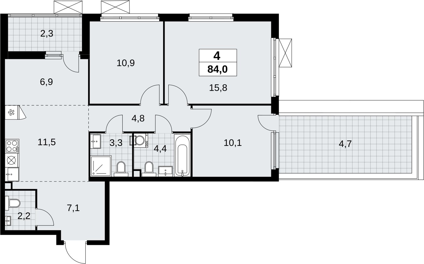 4-комнатная квартира (евро) без отделки, 84 м2, 2 этаж, сдача 4 квартал 2026 г., ЖК Скандинавия, корпус 2.18.1.1 - объявление 2350569 - фото №1