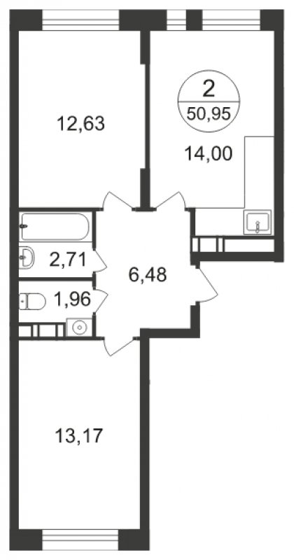 2-комнатная квартира с полной отделкой, 50.95 м2, 15 этаж, сдача 3 квартал 2023 г., ЖК Люберцы, корпус 66 - объявление 1566307 - фото №1