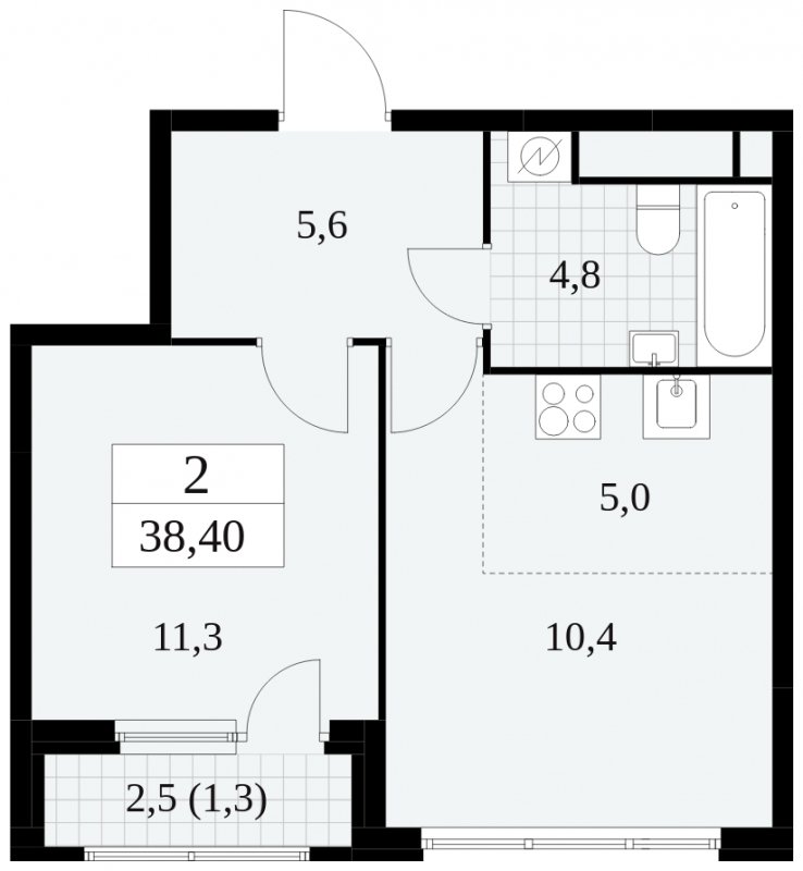 2-комнатная квартира (евро) без отделки, 38.4 м2, 27 этаж, сдача 2 квартал 2025 г., ЖК Южные сады, корпус 2.3 - объявление 1758410 - фото №1