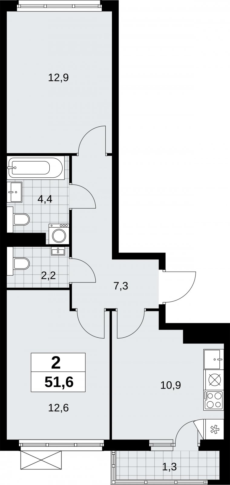 2-комнатная квартира без отделки, 51.6 м2, 14 этаж, сдача 2 квартал 2026 г., ЖК Бунинские кварталы, корпус 9.1 - объявление 2323843 - фото №1