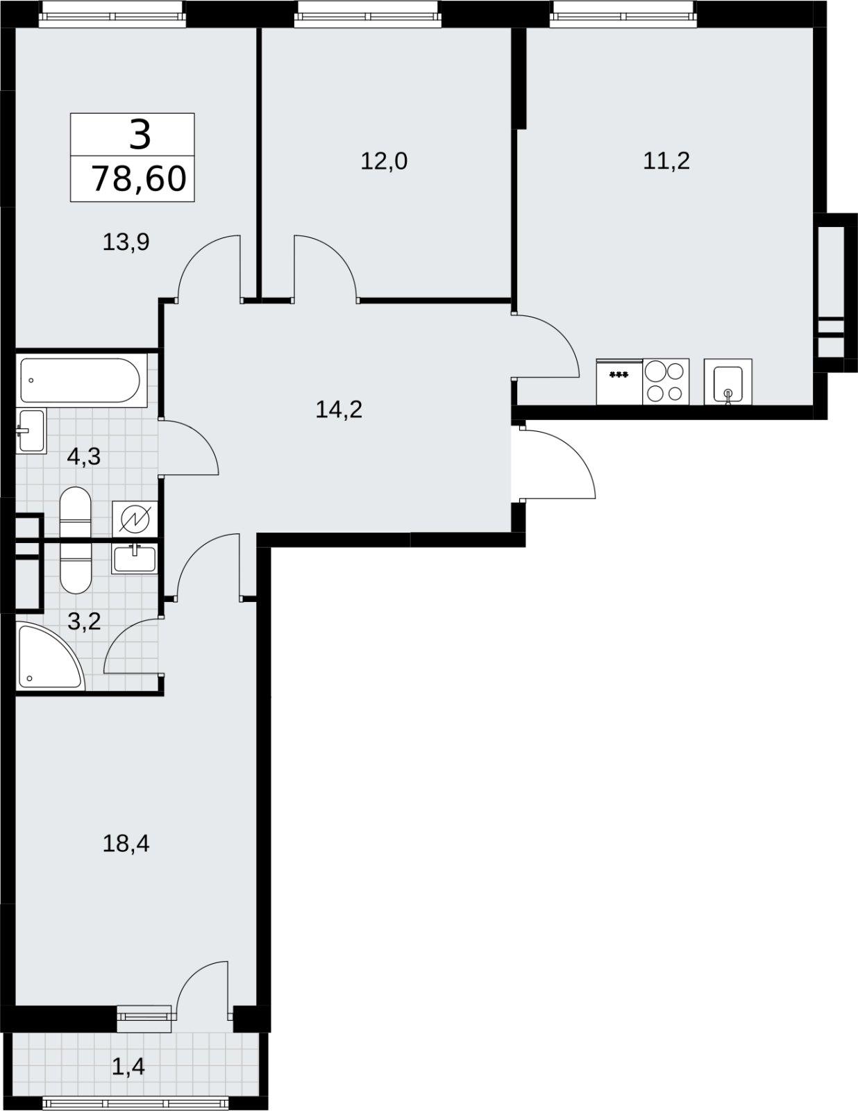 3-комнатная квартира без отделки, 78.6 м2, 10 этаж, сдача 3 квартал 2026 г., ЖК Родные кварталы, корпус 3.1 - объявление 2378308 - фото №1
