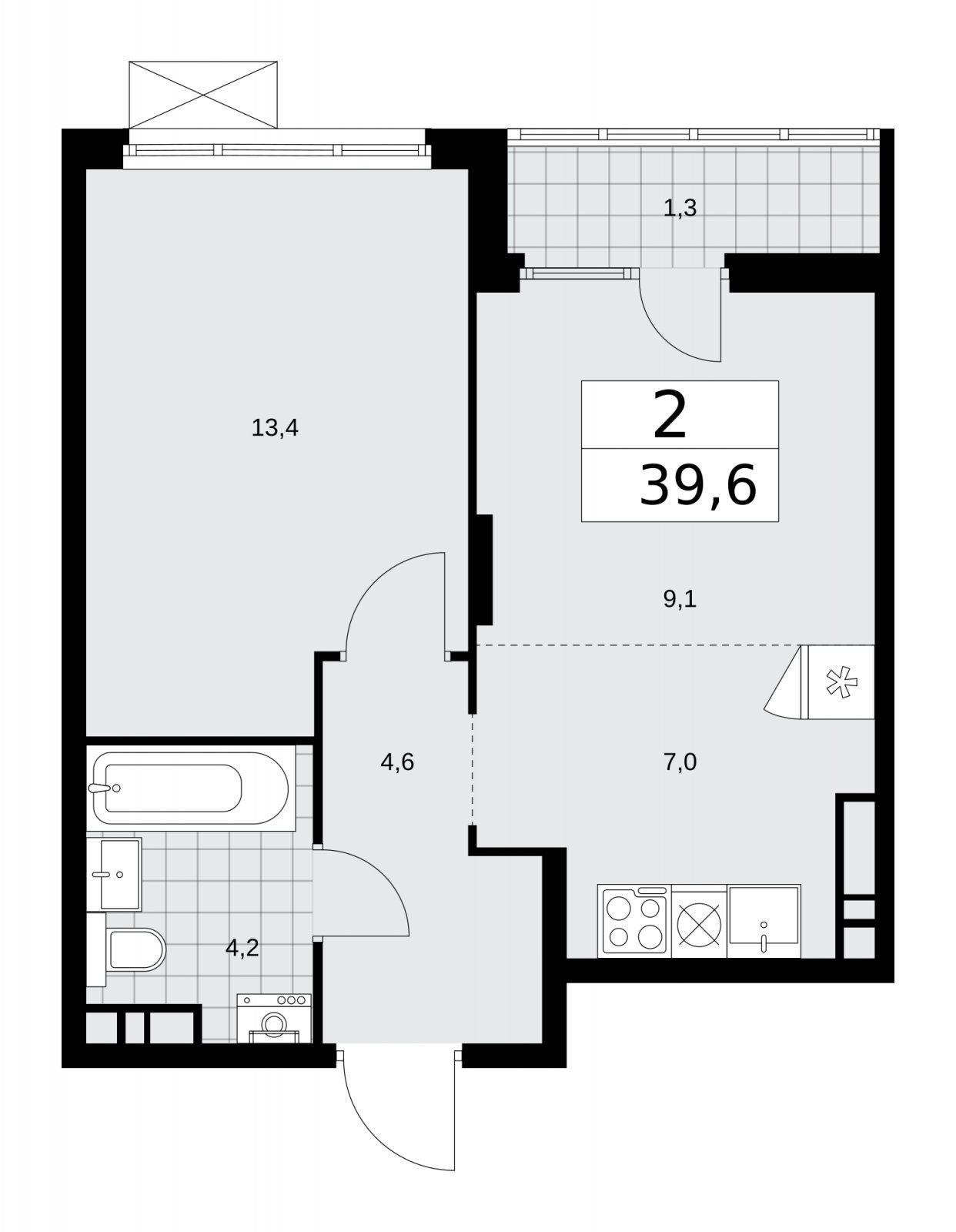 2-комнатная квартира (евро) с полной отделкой, 39.6 м2, 11 этаж, сдача 2 квартал 2026 г., ЖК Деснаречье, корпус 4.8 - объявление 2265056 - фото №1