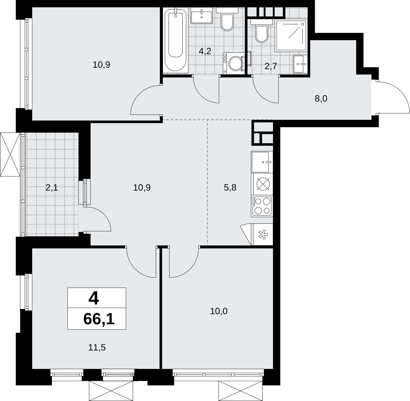 4-комнатная квартира (евро) без отделки, 66.1 м2, 9 этаж, сдача 4 квартал 2026 г., ЖК Скандинавия, корпус 2.18.1.3 - объявление 2350819 - фото №1