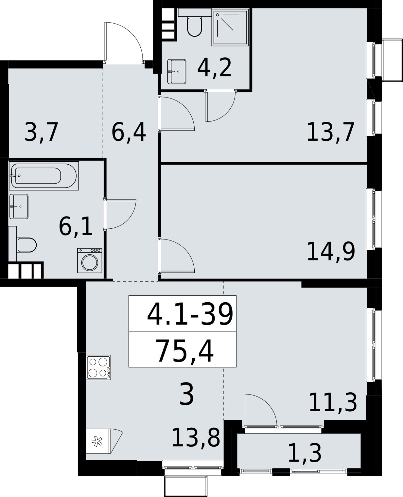 3-комнатная квартира (евро) с полной отделкой, 75.4 м2, 8 этаж, сдача 2 квартал 2027 г., ЖК Южные сады, корпус 4.1.1 - объявление 2392580 - фото №1