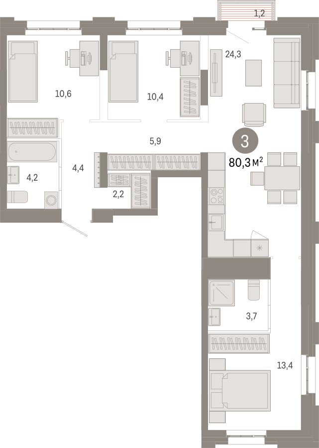 3-комнатная квартира с частичной отделкой, 80.3 м2, 5 этаж, сдача 3 квартал 2026 г., ЖК Квартал Метроном, корпус 1 - объявление 2300649 - фото №1