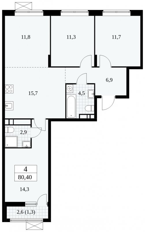 4-комнатная квартира (евро) без отделки, 80.4 м2, 13 этаж, сдача 1 квартал 2025 г., ЖК Прокшино, корпус 5.2.4 - объявление 1900786 - фото №1