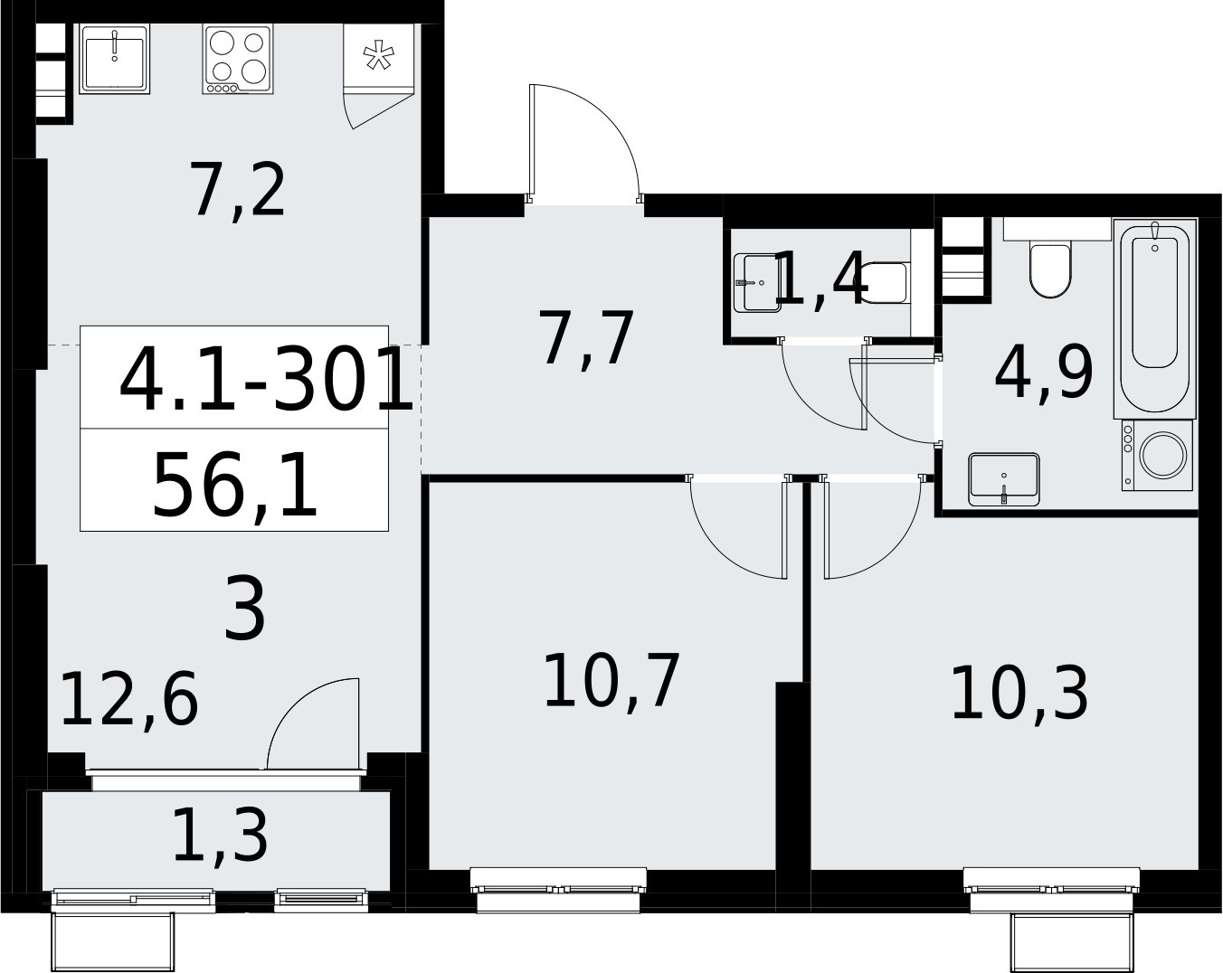 3-комнатная квартира (евро) с полной отделкой, 56.1 м2, 8 этаж, сдача 2 квартал 2027 г., ЖК Южные сады, корпус 4.1.2 - объявление 2392809 - фото №1