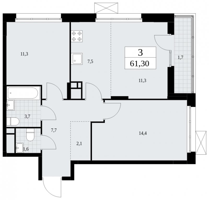 3-комнатная квартира (евро) без отделки, 61.3 м2, 13 этаж, сдача 4 квартал 2024 г., ЖК Скандинавия, корпус 36.3.2 - объявление 1894748 - фото №1