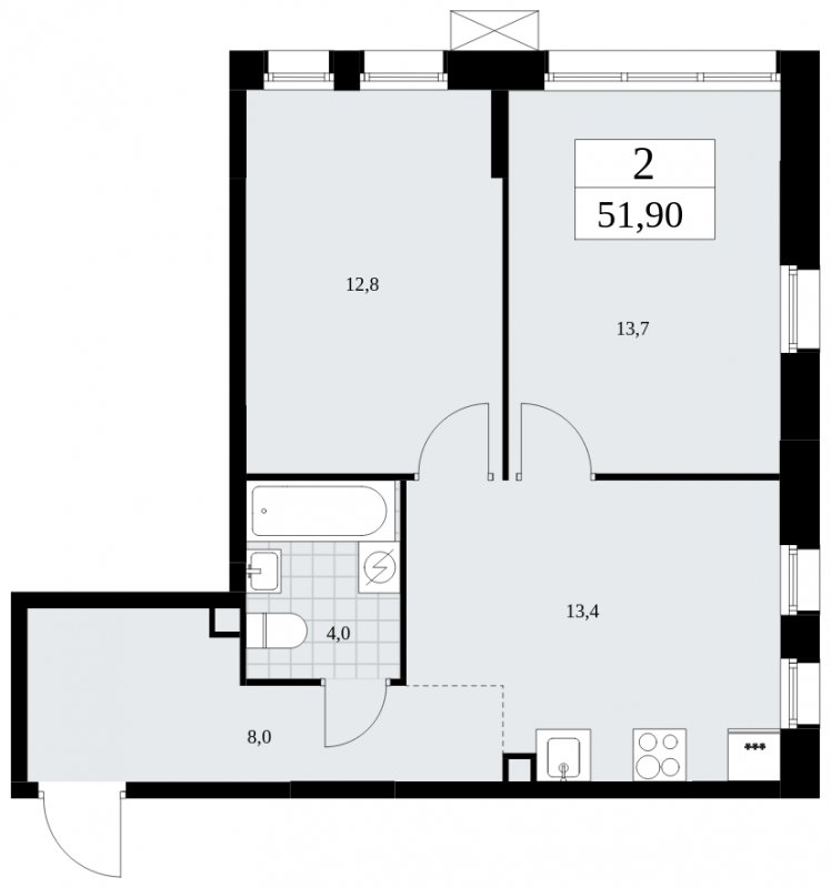 2-комнатная квартира без отделки, 51.9 м2, 2 этаж, сдача 2 квартал 2025 г., ЖК Дзен-кварталы, корпус 2.3 - объявление 1932504 - фото №1