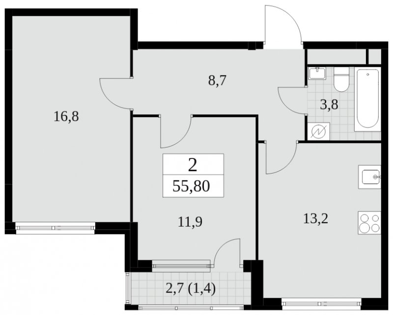 2-комнатная квартира без отделки, 55.8 м2, 28 этаж, сдача 2 квартал 2025 г., ЖК Южные сады, корпус 2.3 - объявление 1758281 - фото №1
