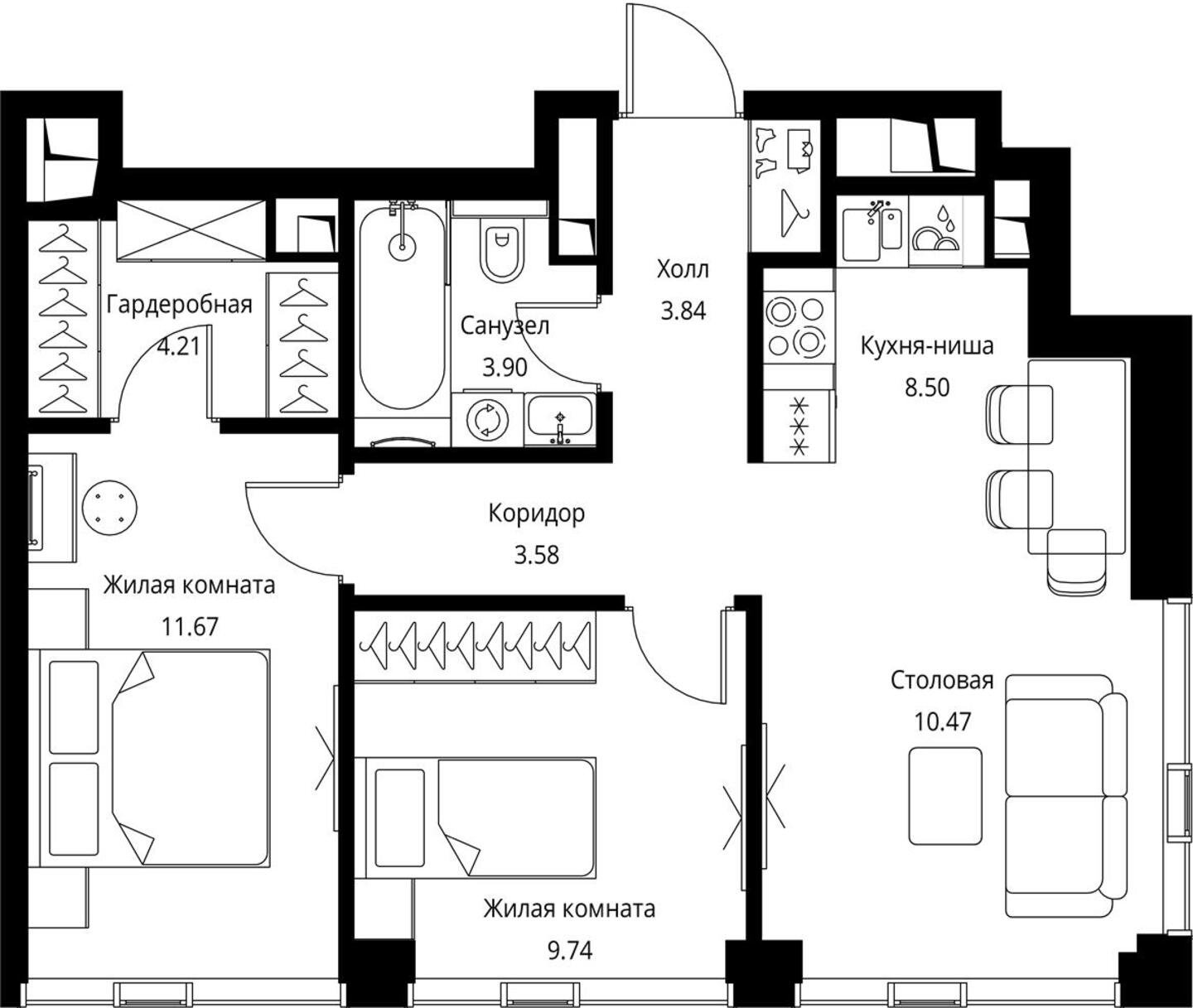 2-комнатная квартира с частичной отделкой, 55.91 м2, 32 этаж, сдача 3 квартал 2026 г., ЖК City Bay, корпус North Ocean 1 - объявление 2240421 - фото №1