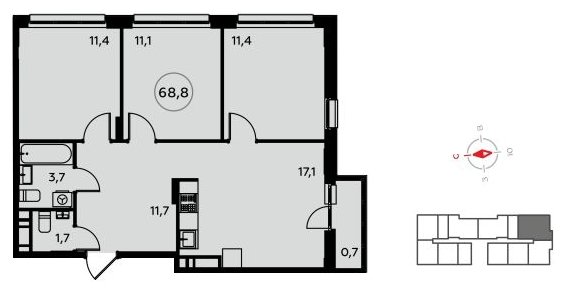 3-комнатная квартира с полной отделкой, 68.8 м2, 13 этаж, сдача 1 квартал 2023 г., ЖК Белые ночи, корпус 3.1 - объявление 1408832 - фото №1