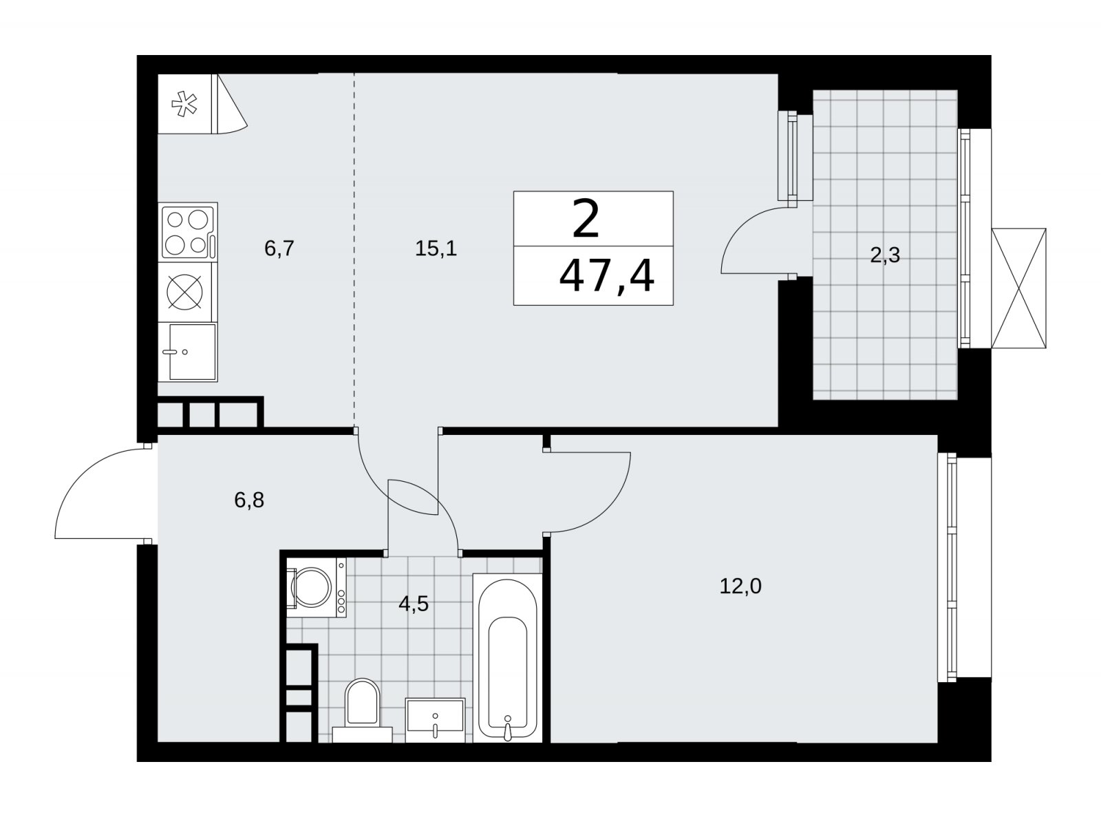 2-комнатная квартира (евро) без отделки, 47.4 м2, 15 этаж, сдача 4 квартал 2025 г., ЖК Бунинские кварталы, корпус 6.5 - объявление 2252863 - фото №1