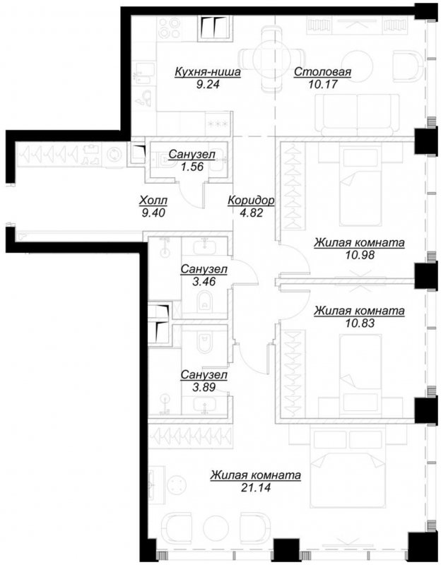 3-комнатная квартира с частичной отделкой, 85.49 м2, 34 этаж, сдача 4 квартал 2024 г., ЖК MOD, корпус Mod.D - объявление 1788510 - фото №1