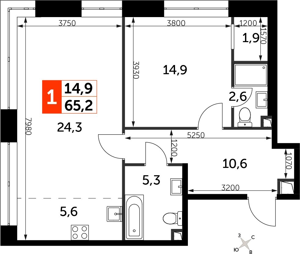 1-комнатная квартира с частичной отделкой, 65.2 м2, 3 этаж, сдача 3 квартал 2024 г., ЖК Sydney City, корпус 2.1 - объявление 2249319 - фото №1