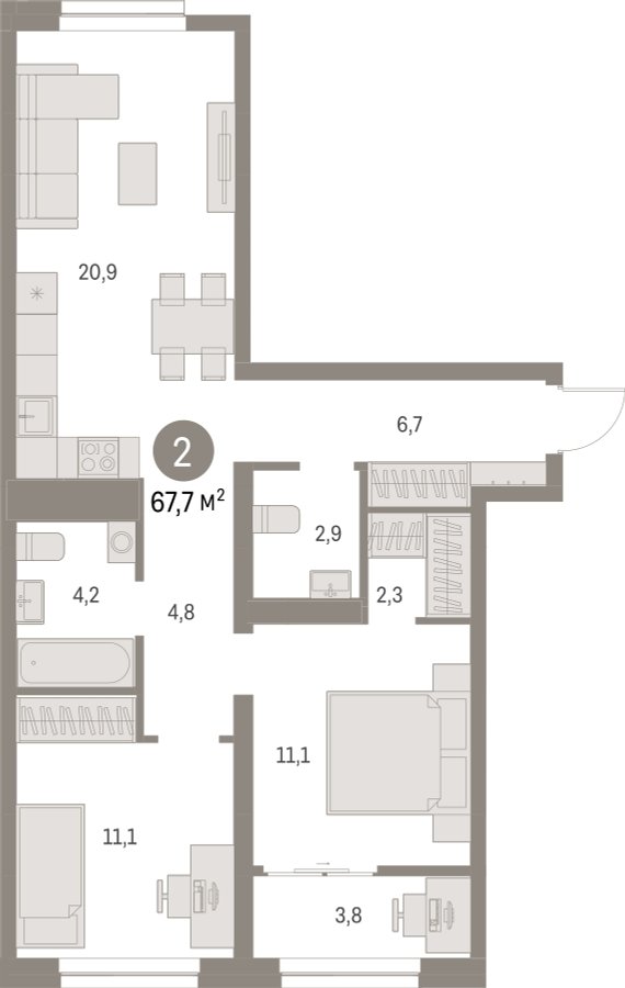 2-комнатная квартира с частичной отделкой, 67.68 м2, 6 этаж, сдача 1 квартал 2025 г., ЖК Первый квартал, корпус 5 - объявление 2334924 - фото №1
