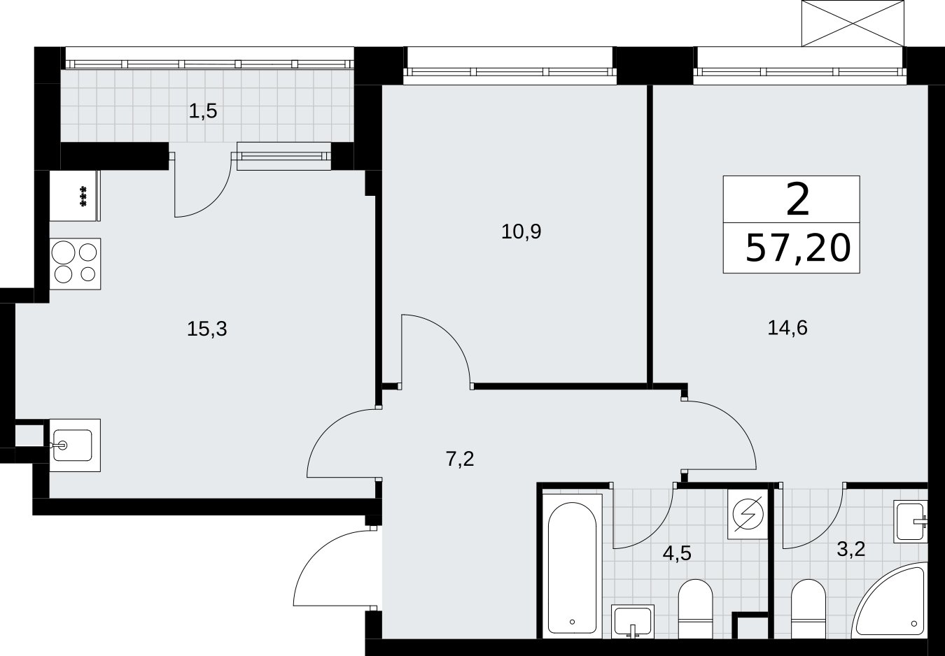 2-комнатная квартира без отделки, 57.2 м2, 2 этаж, сдача 3 квартал 2026 г., ЖК Родные кварталы, корпус 2 - объявление 2295423 - фото №1