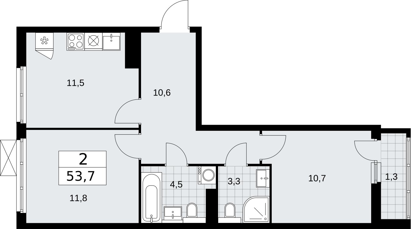 2-комнатная квартира без отделки, 53.7 м2, 13 этаж, сдача 2 квартал 2026 г., ЖК Бунинские кварталы, корпус 7.3 - объявление 2313721 - фото №1