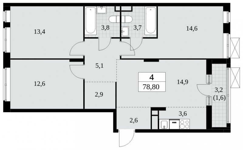 4-комнатная квартира (евро) без отделки, 78.8 м2, 4 этаж, сдача 3 квартал 2024 г., ЖК Прокшино, корпус 8.5 - объявление 1684374 - фото №1
