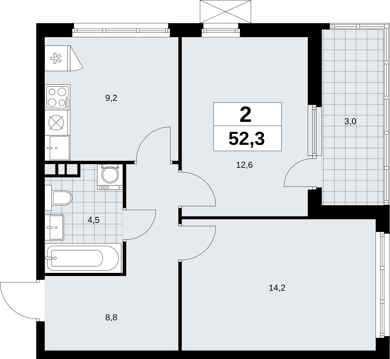 2-комнатная квартира без отделки, 52.3 м2, 3 этаж, сдача 4 квартал 2026 г., ЖК Скандинавия, корпус 2.18.1.4 - объявление 2350933 - фото №1