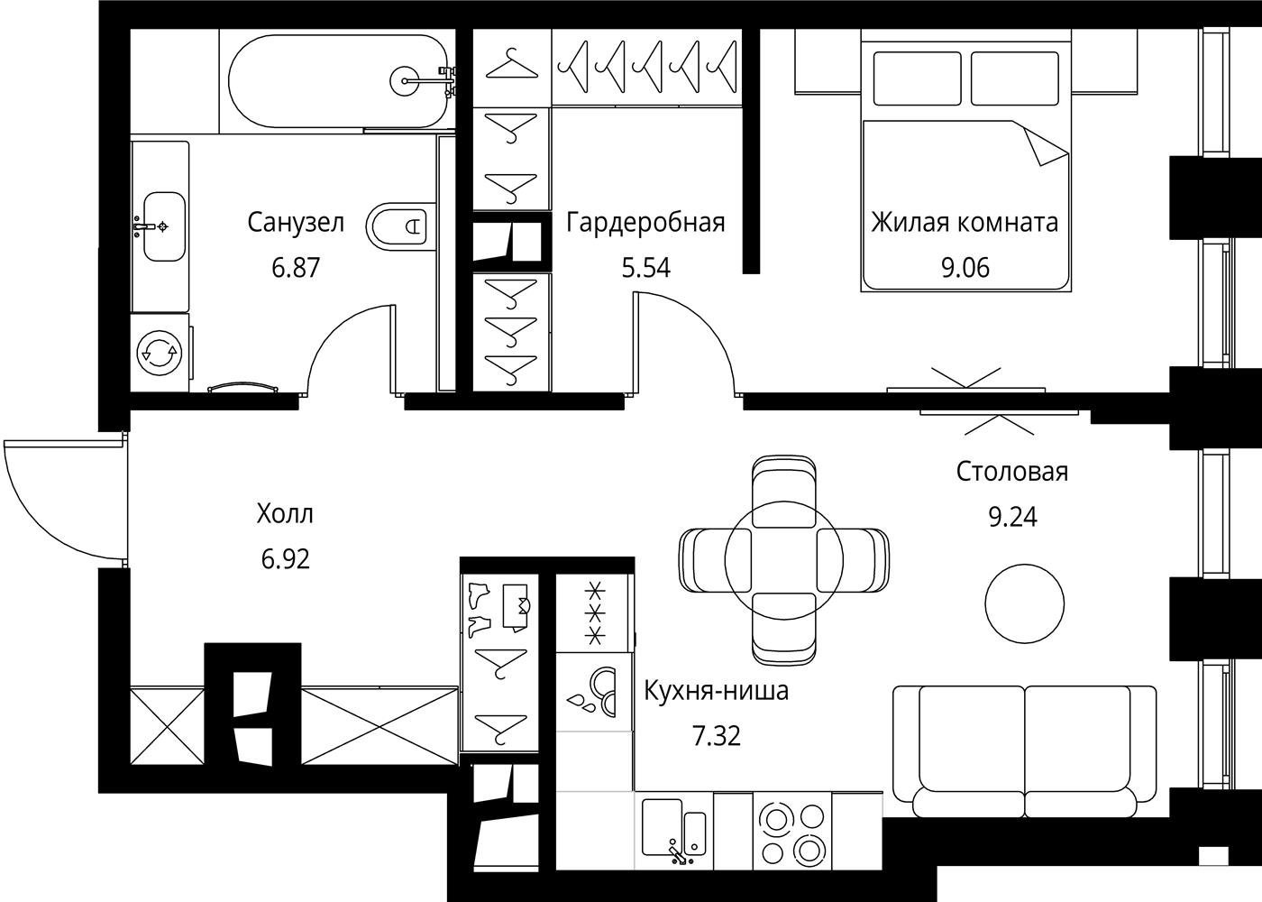 1-комнатная квартира с частичной отделкой, 44.95 м2, 12 этаж, сдача 3 квартал 2026 г., ЖК City Bay, корпус North Ocean 7 - объявление 2332294 - фото №1