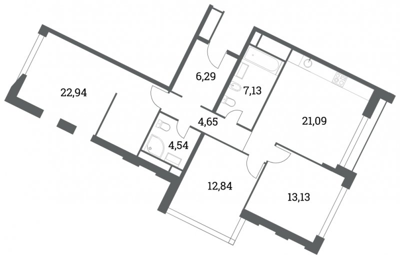 3-комнатная квартира без отделки, 92.61 м2, 8 этаж, сдача 4 квартал 2022 г., ЖК Headliner, корпус 7 - объявление 1336735 - фото №1