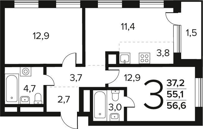 3-комнатная квартира (евро) без отделки, 56.6 м2, 6 этаж, сдача 4 квартал 2027 г., ЖК Новые Ватутинки. Заречный, корпус 6/2 - объявление 2458547 - фото №1