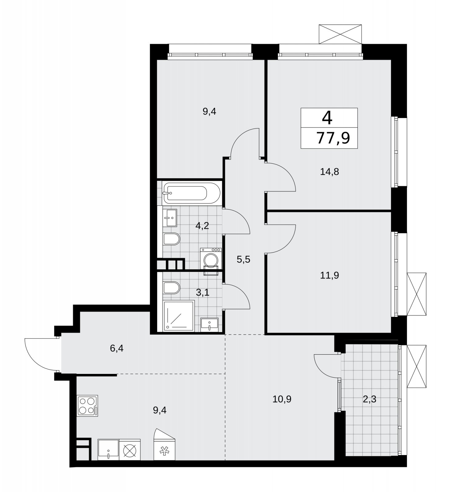 4-комнатная квартира (евро) с частичной отделкой, 77.9 м2, 14 этаж, сдача 2 квартал 2026 г., ЖК Деснаречье, корпус 4.6 - объявление 2264712 - фото №1