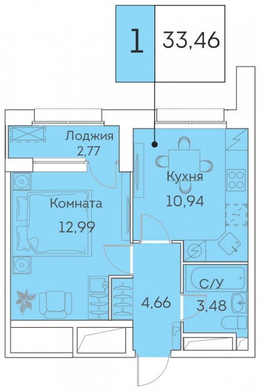 1-комнатная квартира с частичной отделкой, 33.46 м2, 2 этаж, сдача 3 квартал 2023 г., ЖК Аквилон BESIDE, корпус 1 - объявление 1577779 - фото №1
