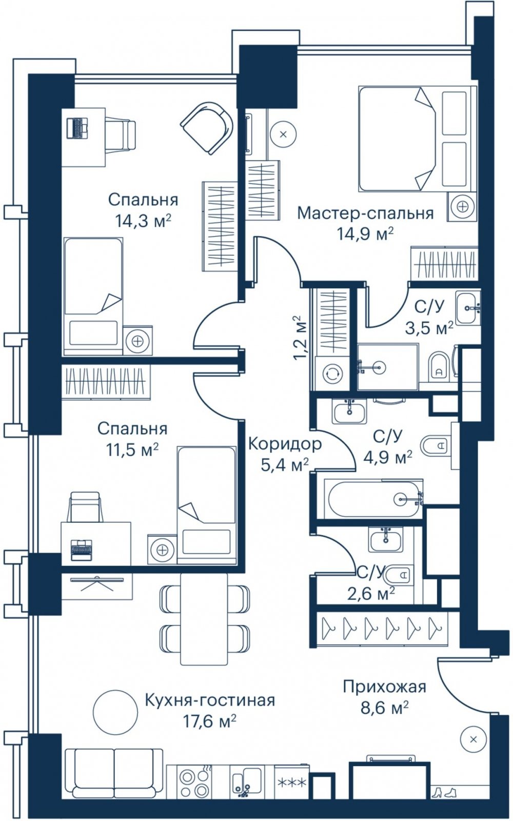 3-комнатная квартира с частичной отделкой, 84.68 м2, 22 этаж, сдача 2 квартал 2024 г., ЖК City Bay, корпус Indian Ocean 1 - объявление 2230303 - фото №1