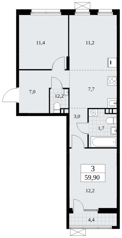 3-комнатная квартира (евро) с частичной отделкой, 59.9 м2, 3 этаж, сдача 3 квартал 2025 г., ЖК Дзен-кварталы, корпус 2.2 - объявление 1932345 - фото №1