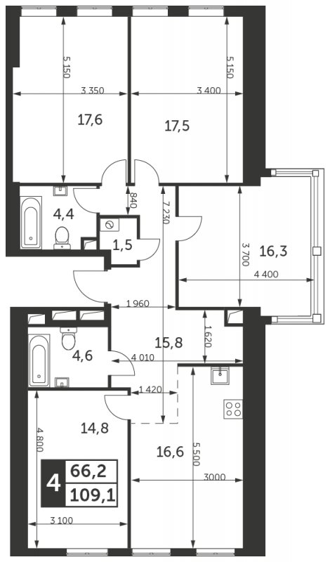 4-комнатная квартира с полной отделкой, 109.1 м2, 38 этаж, сдача 4 квартал 2023 г., ЖК Архитектор, корпус 2 - объявление 1668811 - фото №1