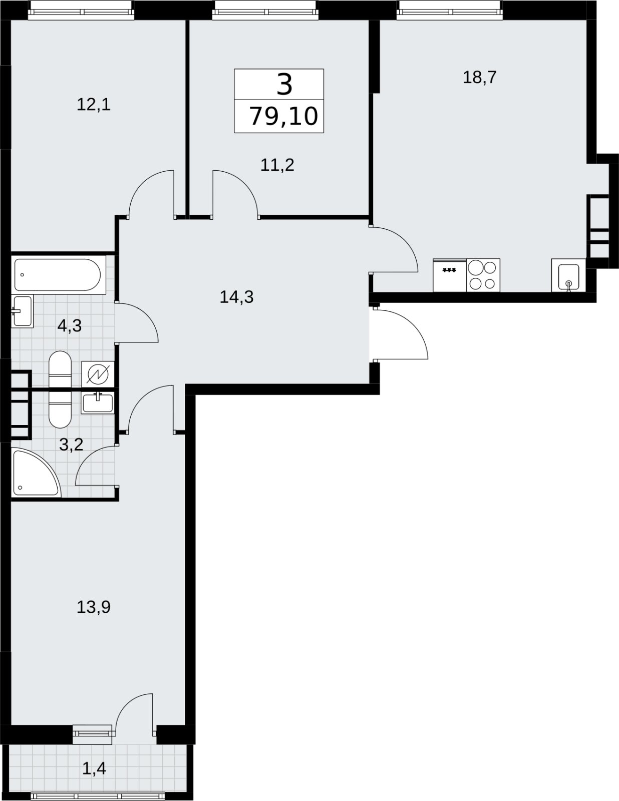 3-комнатная квартира с полной отделкой, 79.1 м2, 8 этаж, сдача 4 квартал 2026 г., ЖК Родные кварталы, корпус 3.3 - объявление 2378529 - фото №1