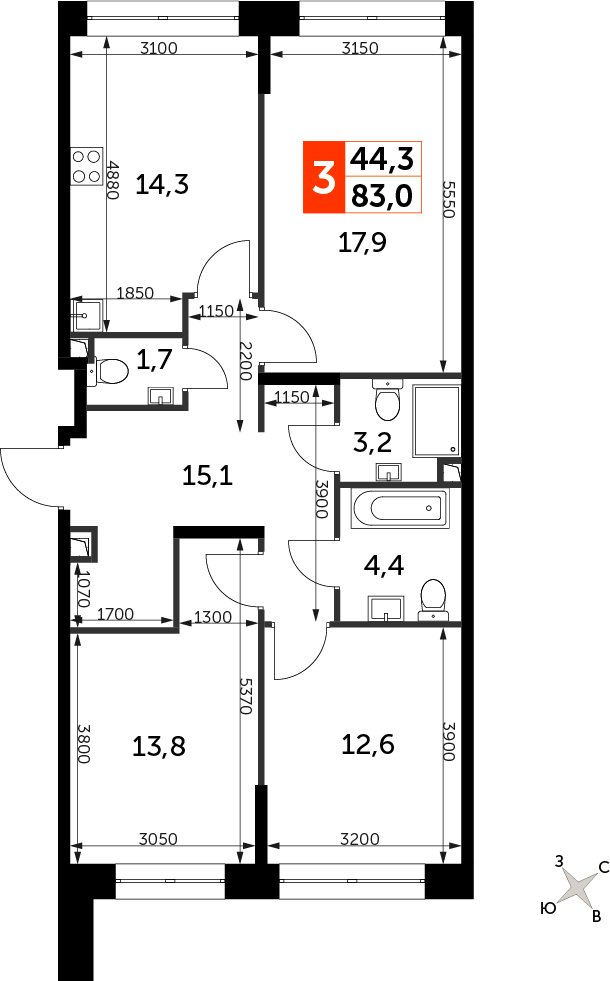3-комнатная квартира с частичной отделкой, 83 м2, 9 этаж, сдача 3 квартал 2024 г., ЖК Sydney City, корпус 2.1 - объявление 2355067 - фото №1