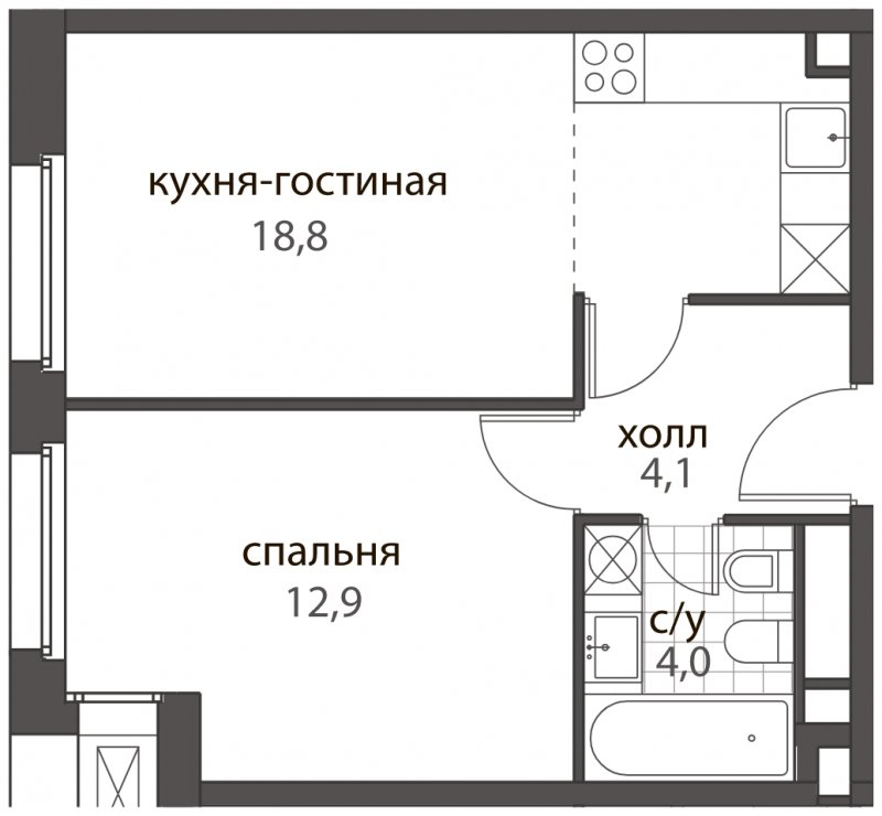 2-комнатная квартира (евро) без отделки, 39.8 м2, 2 этаж, дом сдан, ЖК HomeCity, корпус 2 - объявление 1704844 - фото №1