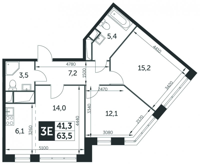 3-комнатная квартира без отделки, 63.5 м2, 3 этаж, дом сдан, ЖК Датский квартал, корпус 4 - объявление 1677838 - фото №1