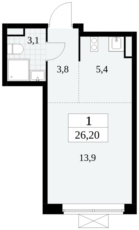 Студия с полной отделкой, 26.2 м2, 4 этаж, сдача 3 квартал 2024 г., ЖК Прокшино, корпус 8.1 - объявление 1683507 - фото №1