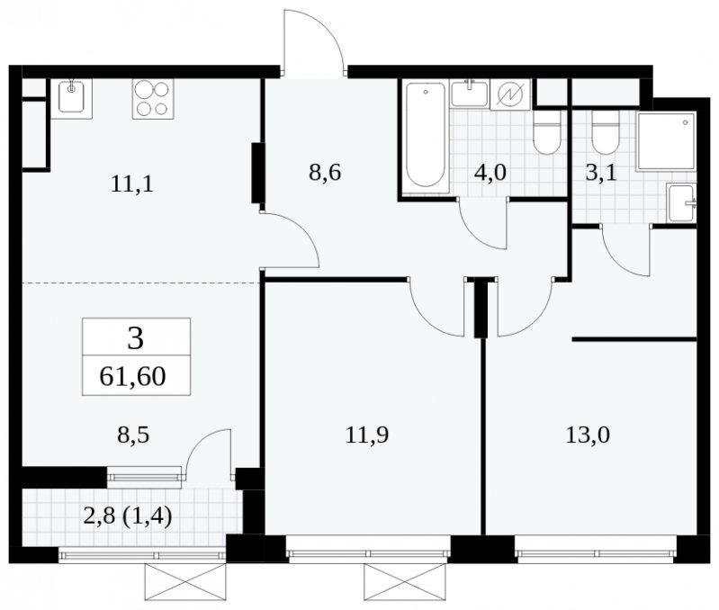 3-комнатная квартира (евро) без отделки, 61.6 м2, 15 этаж, сдача 1 квартал 2025 г., ЖК Прокшино, корпус 5.2.4 - объявление 1900709 - фото №1