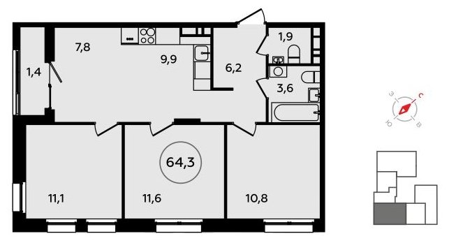 4-комнатная квартира (евро) без отделки, 64.3 м2, 6 этаж, сдача 3 квартал 2023 г., ЖК Прокшино, корпус 4.6 - объявление 1887328 - фото №1