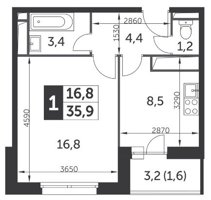 1-комнатная квартира без отделки, 35.9 м2, 18 этаж, дом сдан, ЖК Настроение, корпус 2 - объявление 2400556 - фото №1