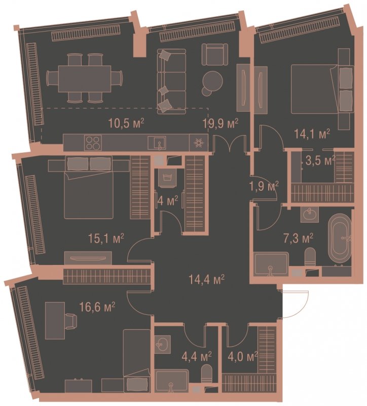 3-комнатная квартира без отделки, 115.7 м2, 3 этаж, сдача 1 квартал 2025 г., ЖК HIGH LIFE, корпус Heart Tower - объявление 1767875 - фото №1