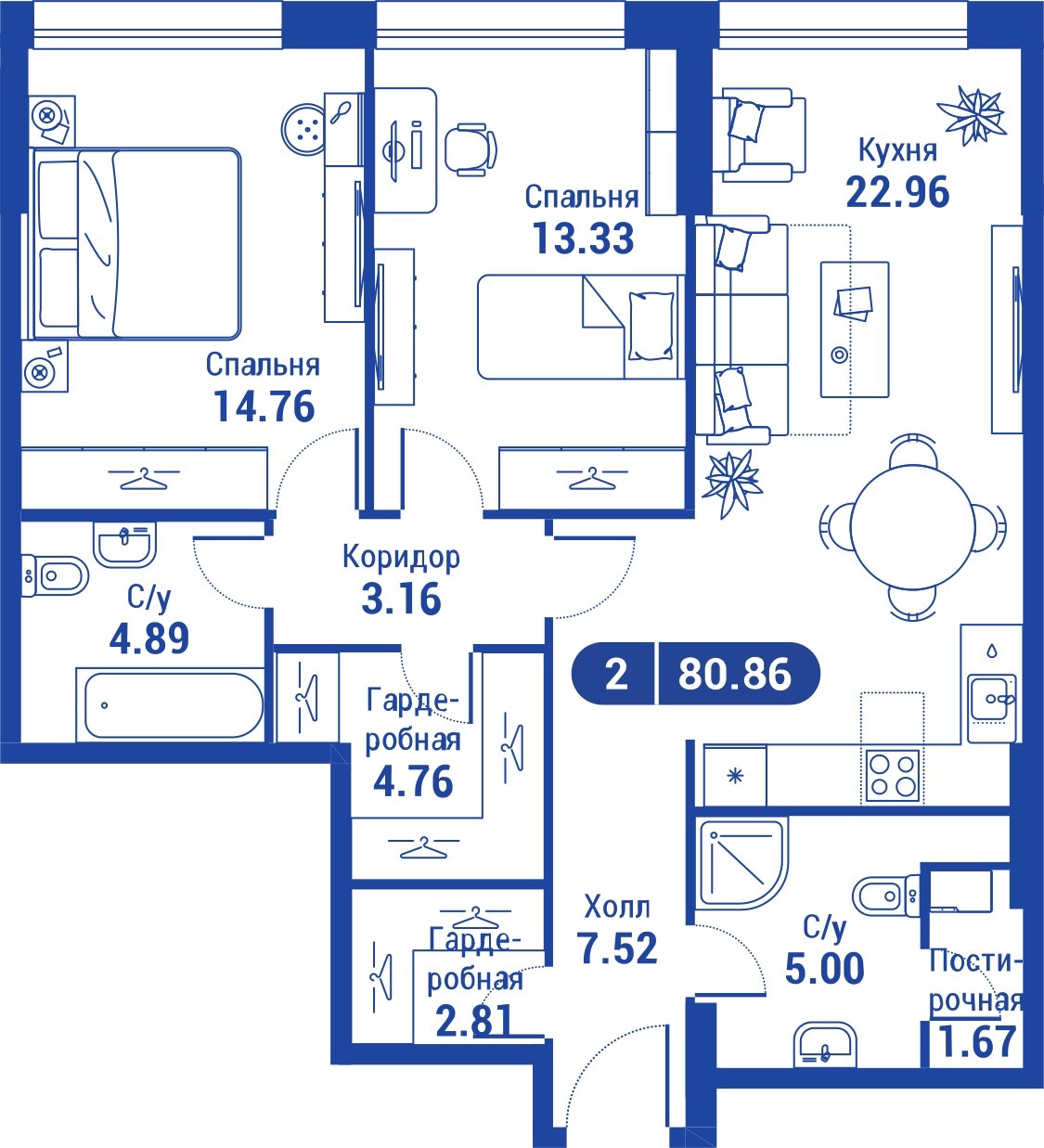 2-комнатная квартира без отделки, 80.8 м2, 12 этаж, сдача 4 квартал 2023 г., ЖК iLove, корпус 3 - объявление 2047290 - фото №1