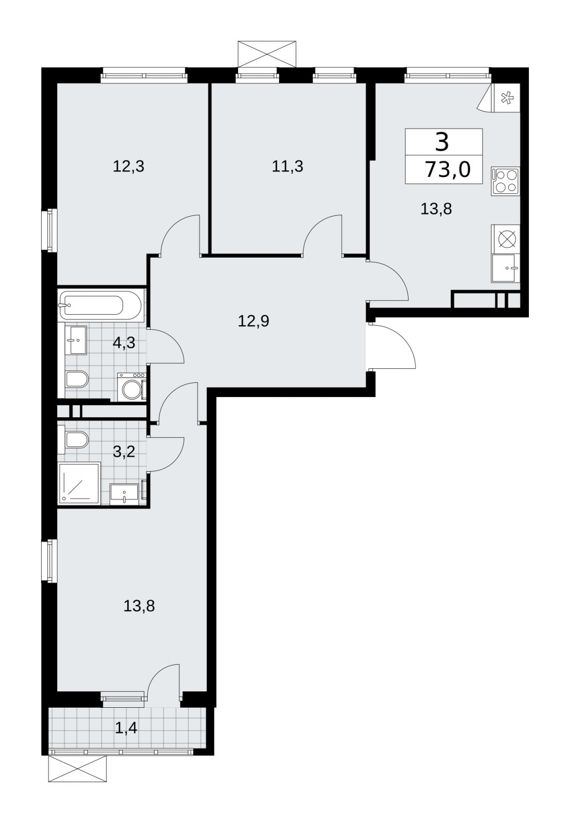 3-комнатная квартира с частичной отделкой, 73 м2, 14 этаж, сдача 2 квартал 2026 г., ЖК Прокшино, корпус 11.2.3 - объявление 2270248 - фото №1