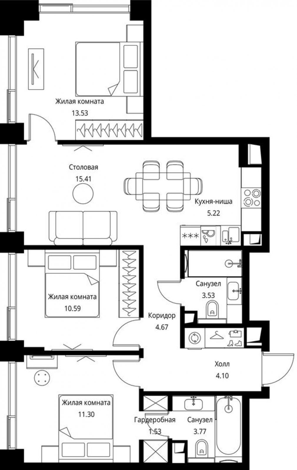 3-комнатная квартира с частичной отделкой, 73.65 м2, 21 этаж, сдача 3 квартал 2026 г., ЖК City Bay, корпус North Ocean 7 - объявление 2240594 - фото №1