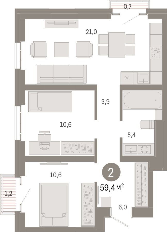 2-комнатная квартира с частичной отделкой, 59.4 м2, 28 этаж, сдача 3 квартал 2026 г., ЖК Квартал Метроном, корпус 1 - объявление 2300766 - фото №1
