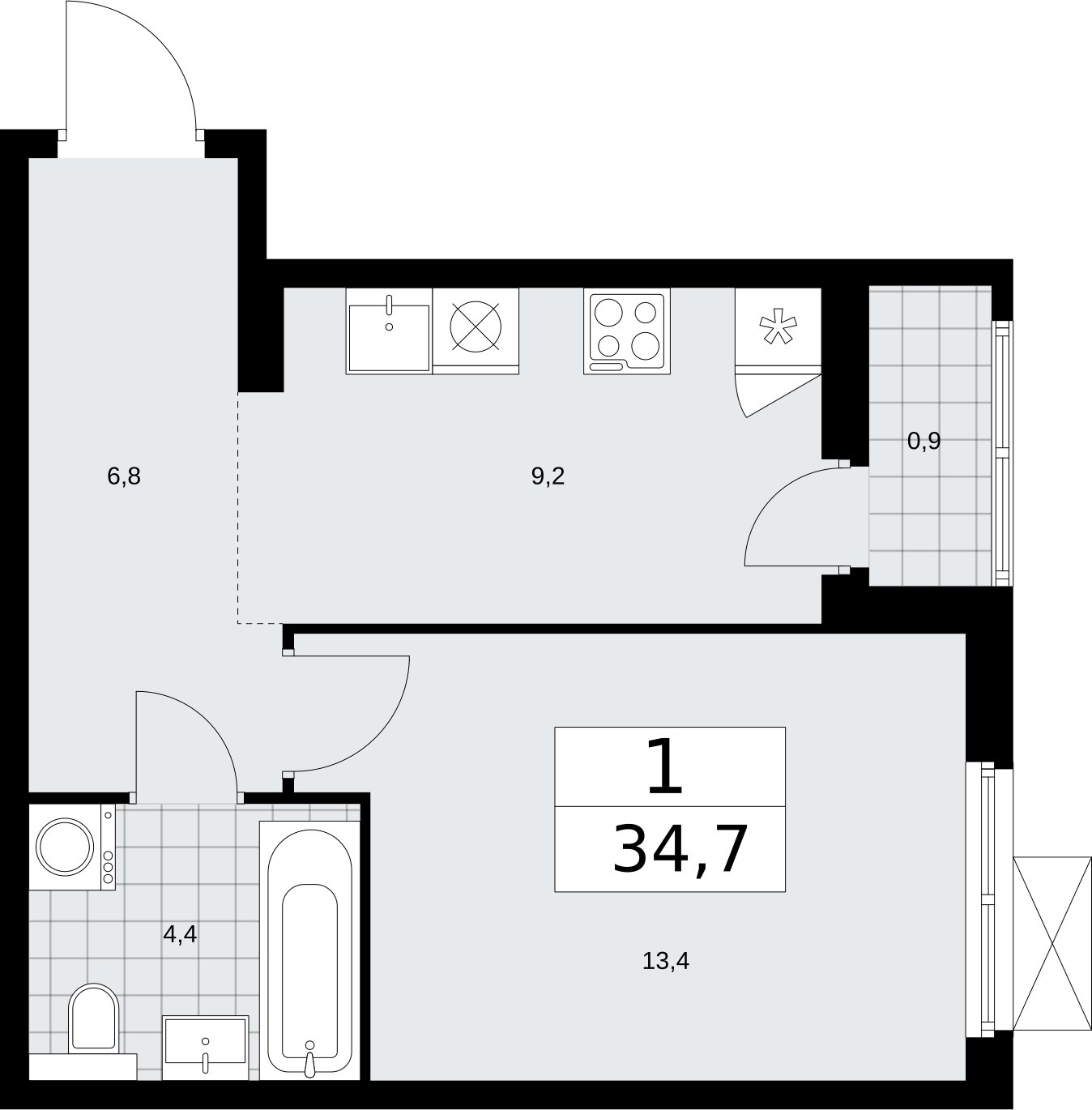 1-комнатная квартира без отделки, 34.7 м2, 4 этаж, сдача 2 квартал 2026 г., ЖК Бунинские кварталы, корпус 7.3 - объявление 2313847 - фото №1
