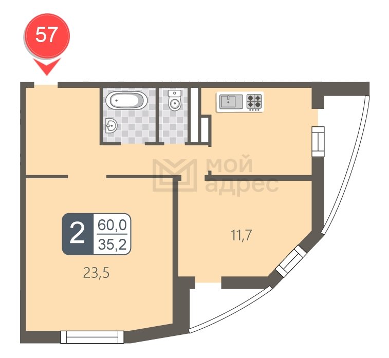 2-комнатная квартира с полной отделкой, 60 м2, 10 этаж, дом сдан, ЖК мой адрес В Зеленограде, корпус 848 - объявление 1850382 - фото №1