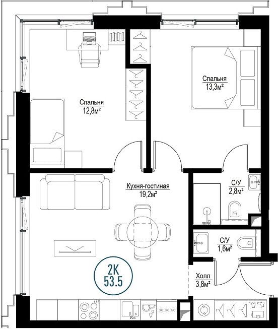 2-комнатная квартира с частичной отделкой, 53.5 м2, 16 этаж, сдача 3 квартал 2024 г., ЖК Метрополия, корпус Amsterdam - объявление 1997213 - фото №1