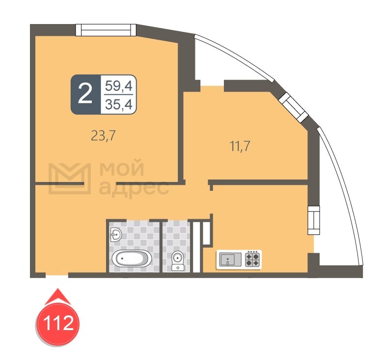 2-комнатная квартира с полной отделкой, 59.4 м2, 14 этаж, дом сдан, ЖК мой адрес В Зеленограде, корпус 848 - объявление 1850386 - фото №1